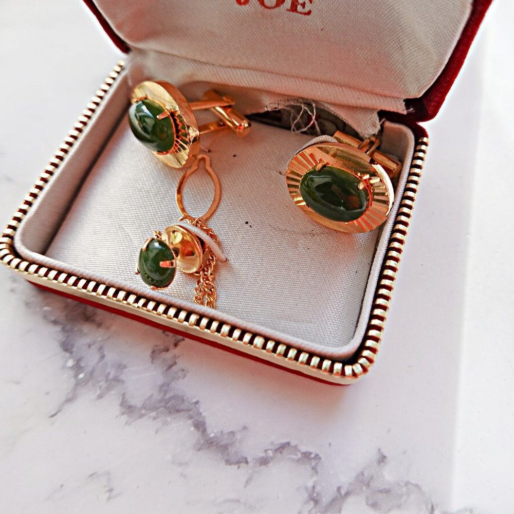 Chinese Green Jade Cufflinks and Tie Tack